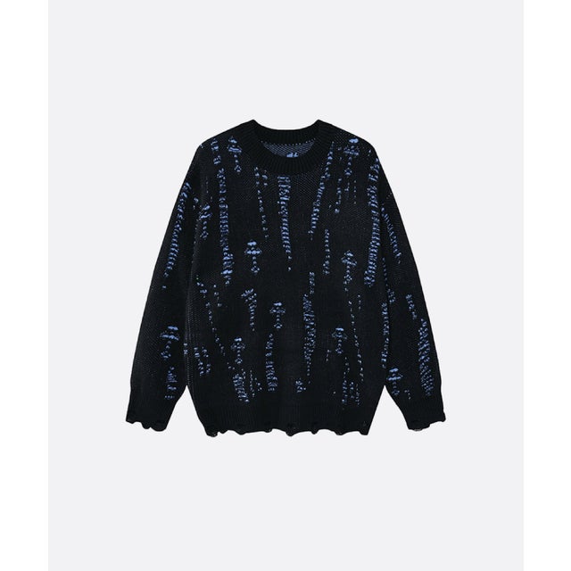 Distressed Ripped Jacquard Neck Sweater （Blue）