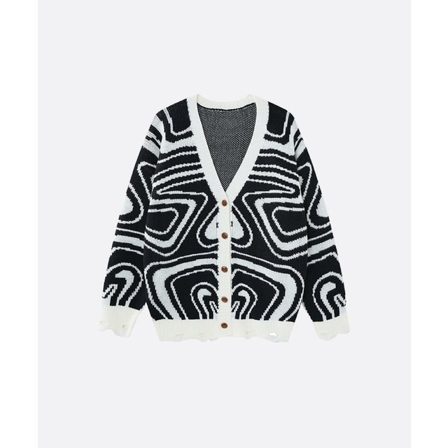 Geometric Wave Jacquard Cardigan （Black）