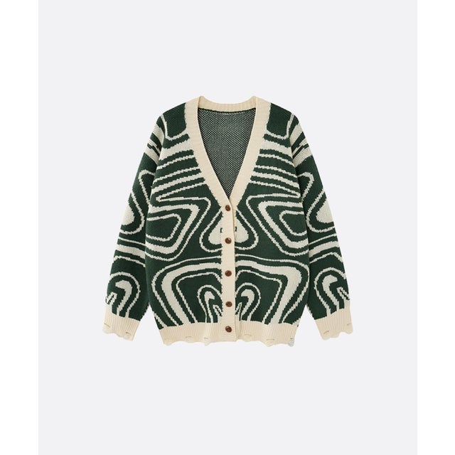 Geometric Wave Jacquard Cardigan （Green）