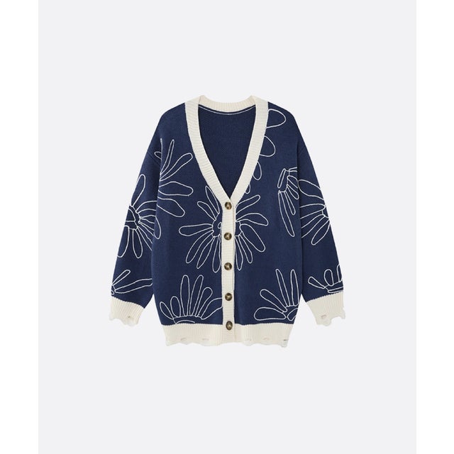 Vintage Outline Flower Pattern Cardigan （Blue）