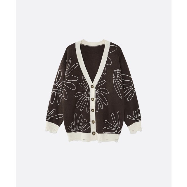 Vintage Outline Flower Pattern Cardigan （Brown）