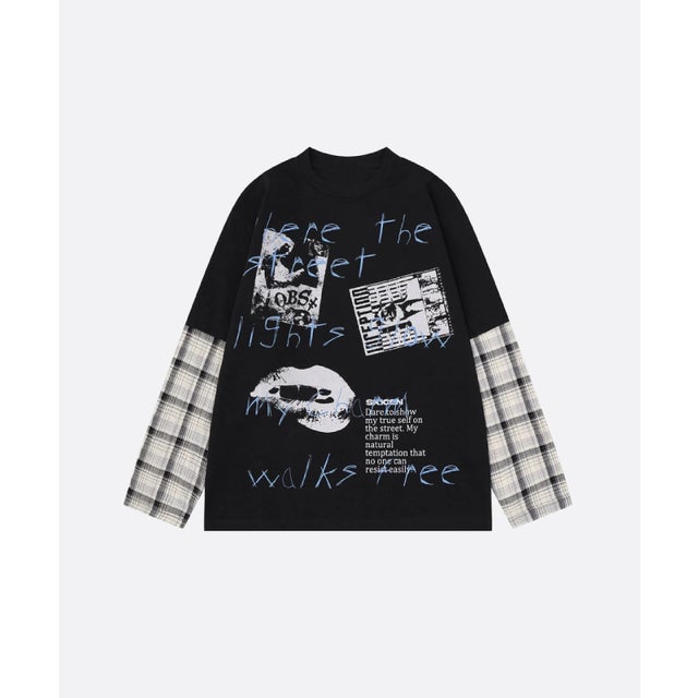 Street Style Fake Two Long Sleeve T （Black）