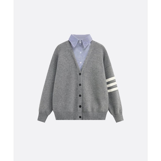 Shirt Collar Fake Two Knit Cardigan （Gray）