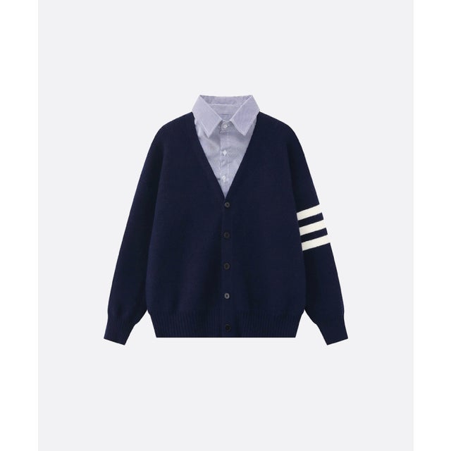 Shirt Collar Fake Two Knit Cardigan （Navy）