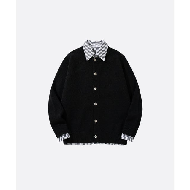 Fake Two Stripe Shirt Patchwork Caridgan （Black）