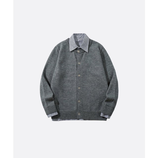 Fake Two Stripe Shirt Patchwork Caridgan （Gray）