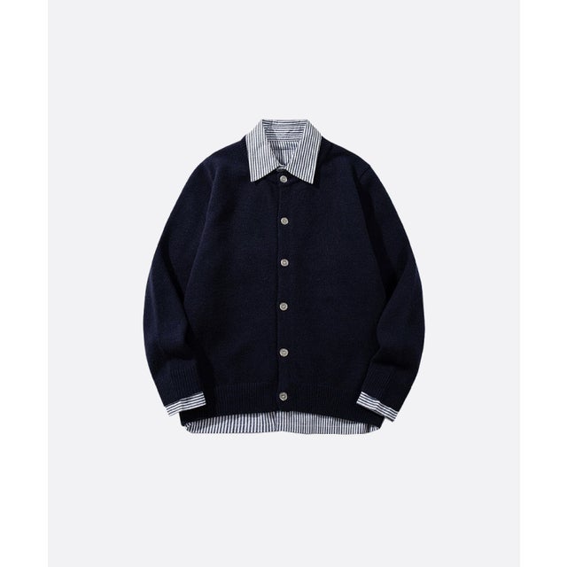 Fake Two Stripe Shirt Patchwork Caridgan （Navy）