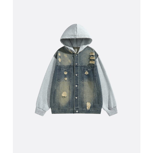 Broken Denim Patchwork Hoodie （Blue）