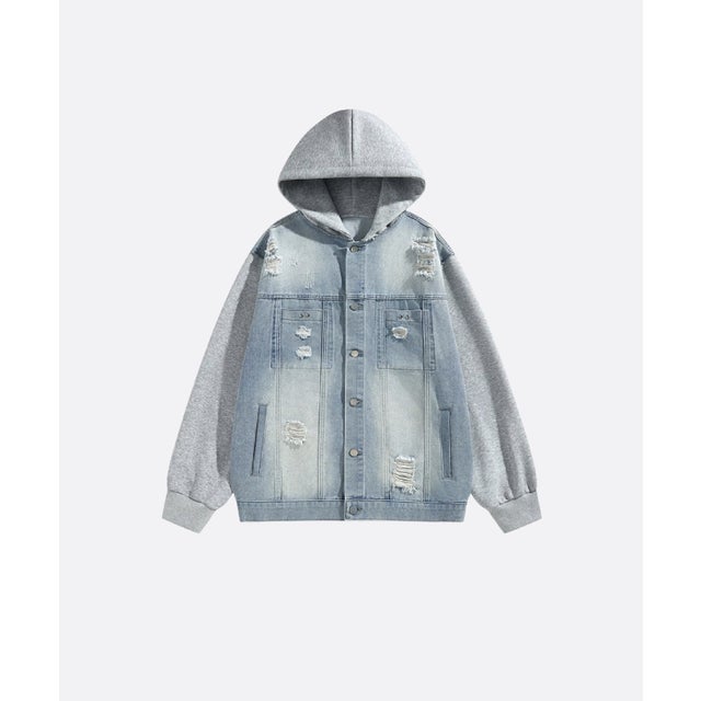 Broken Denim Patchwork Hoodie （Light Blue）
