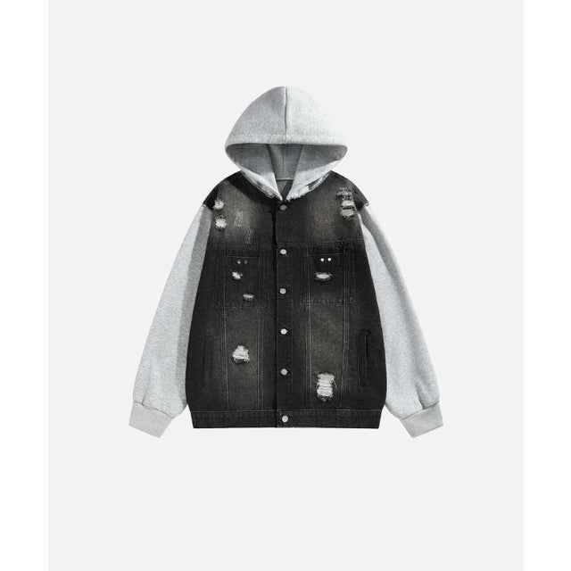 Broken Denim Patchwork Hoodie （Black）