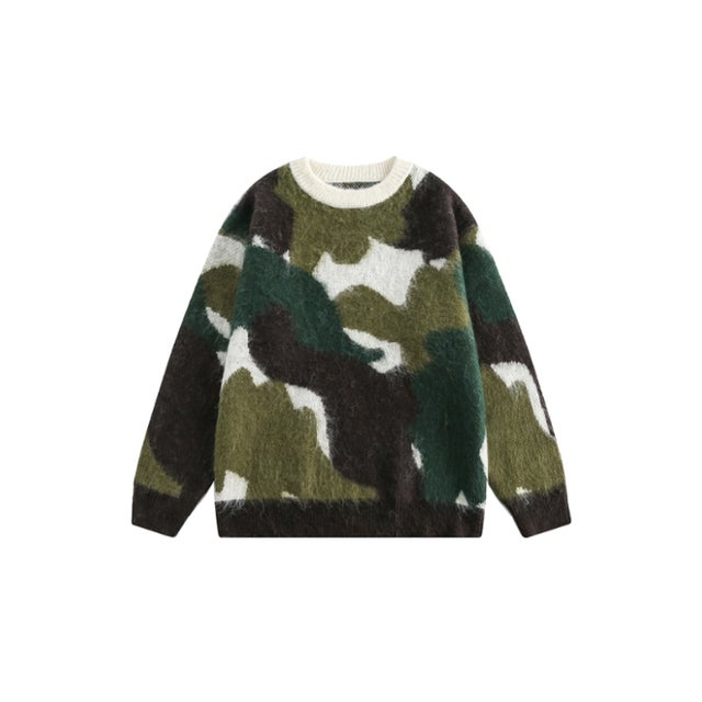 Camou Motif Round Neck Sweater （Green）