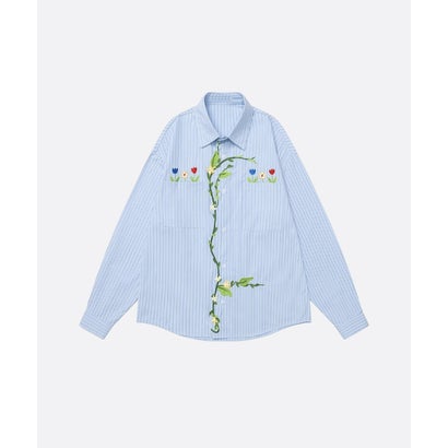 ユーム U：UME Floral Embroidery Stripe Long Sleeve Shirt （Blue）｜詳細画像