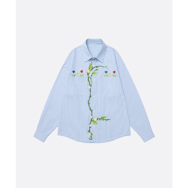 Floral Embroidery Stripe Long Sleeve Shirt （Blue）