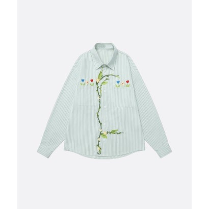 ユーム U：UME Floral Embroidery Stripe Long Sleeve Shirt （Green）｜詳細画像