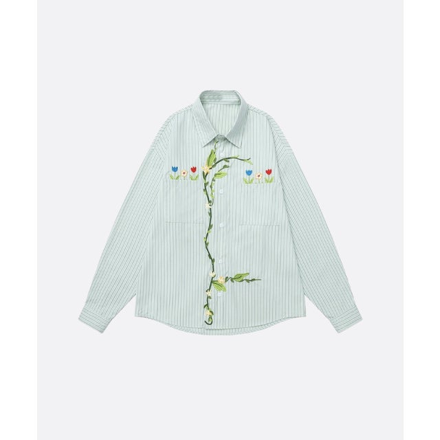 Floral Embroidery Stripe Long Sleeve Shirt （Green）