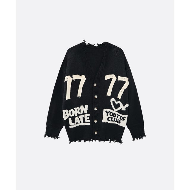 Frayed Edge Graphic Knit Cardigan （Black）