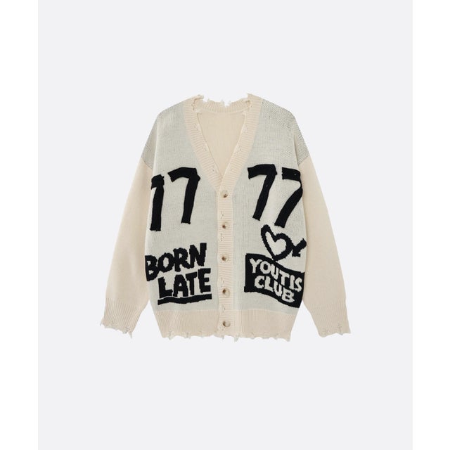 Frayed Edge Graphic Knit Cardigan （Apricot）
