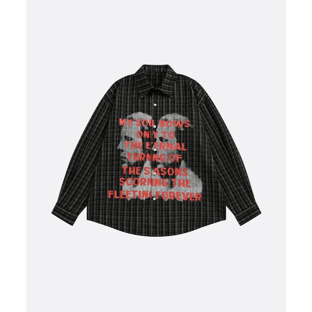 Plaid Letter Portrait Statement Shirt （Black）