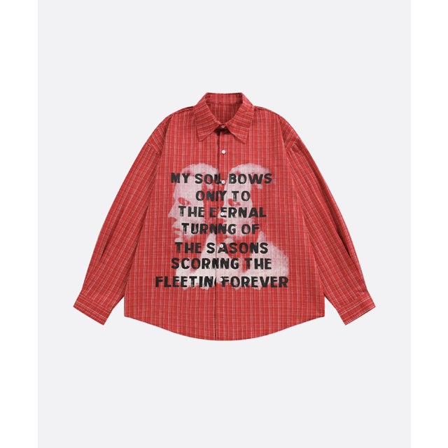 Plaid Letter Portrait Statement Shirt （Red）