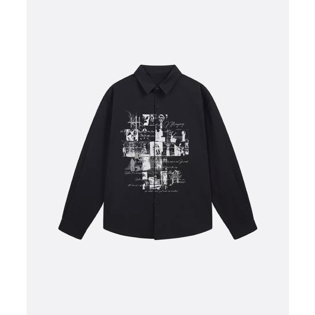 Vintage Collage Print Long Sleeve Shirt （Black）