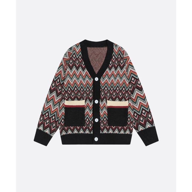 Vintage Chevron Jacquard Cardigan （Black）