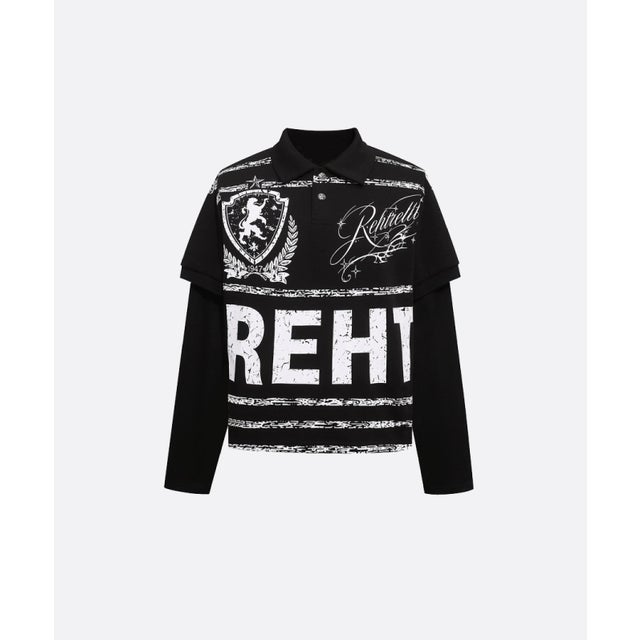 Crest Graphic Fake Two Long Sleeve T （Black）