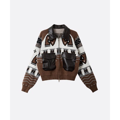 ユーム U：UME PU Stitching Geometric Jacquard Carigan （Brown）｜詳細画像