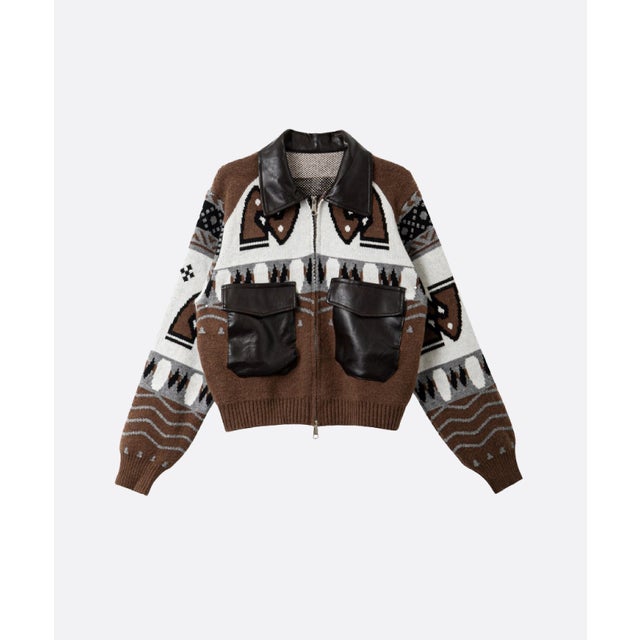 PU Stitching Geometric Jacquard Carigan （Brown）