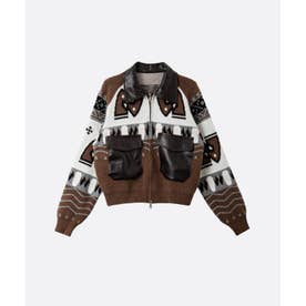 PU Stitching Geometric Jacquard Carigan （Brown）