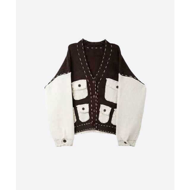 Multi Cargo Pocket Contrast Cardigan （Brown）