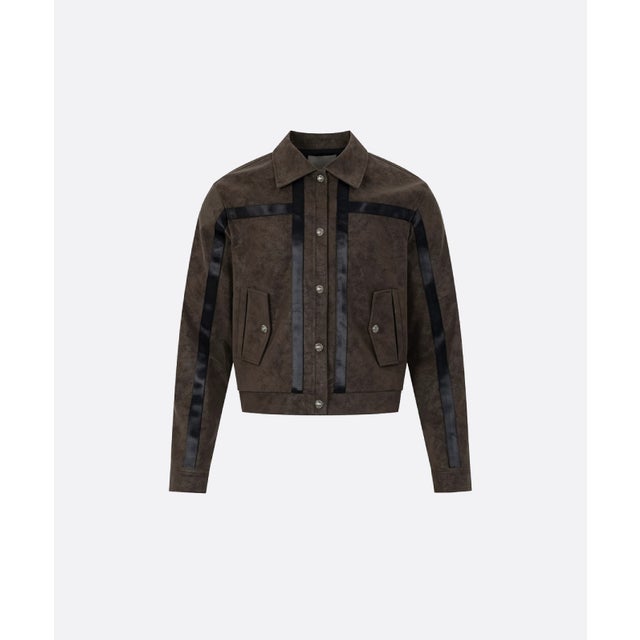 PU Contrast Faux Suede Cropped Jacket （Brown）