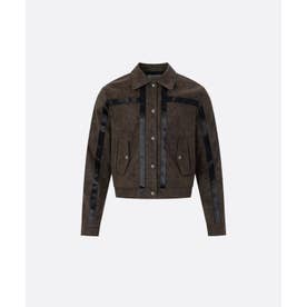 PU Contrast Faux Suede Cropped Jacket （Brown）