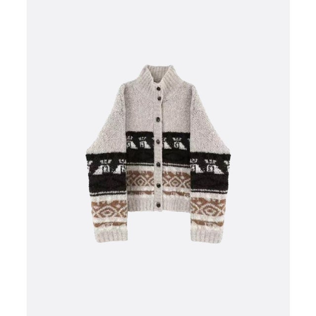 Mock Neck Vintage Jacquard Cardigan （Apricot）