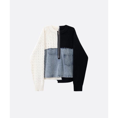ユーム U：UME Half Zip Denim Docking Cardigan （White）｜詳細画像