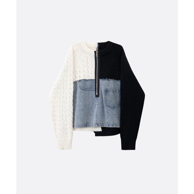 Half Zip Denim Docking Cardigan （White）