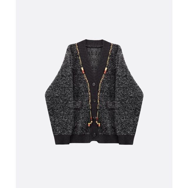 Beaded Tassel Trim Cardigan （Gray）