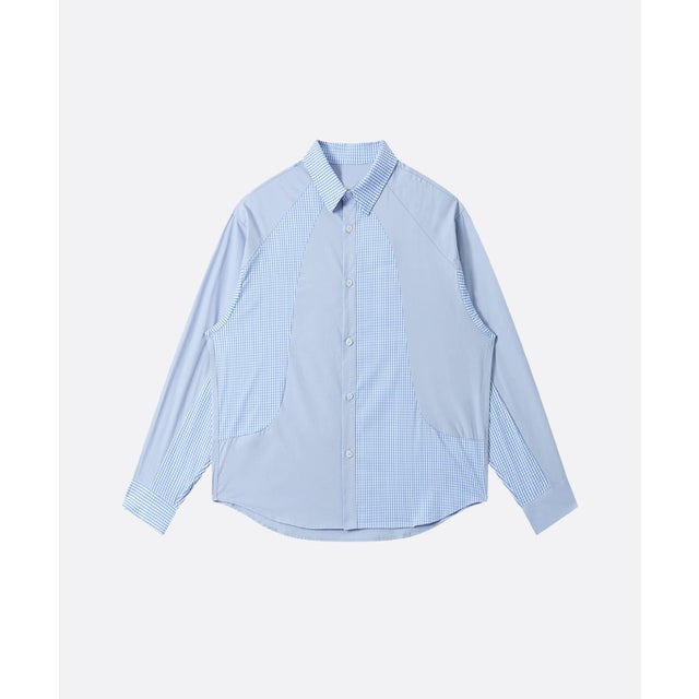 Color Block Gingham Panel Long Sleeve Shirt （Blue）