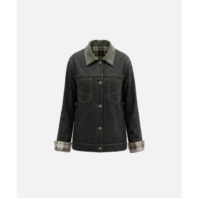 Lapel Check Stitching Denim Jacket （Black）