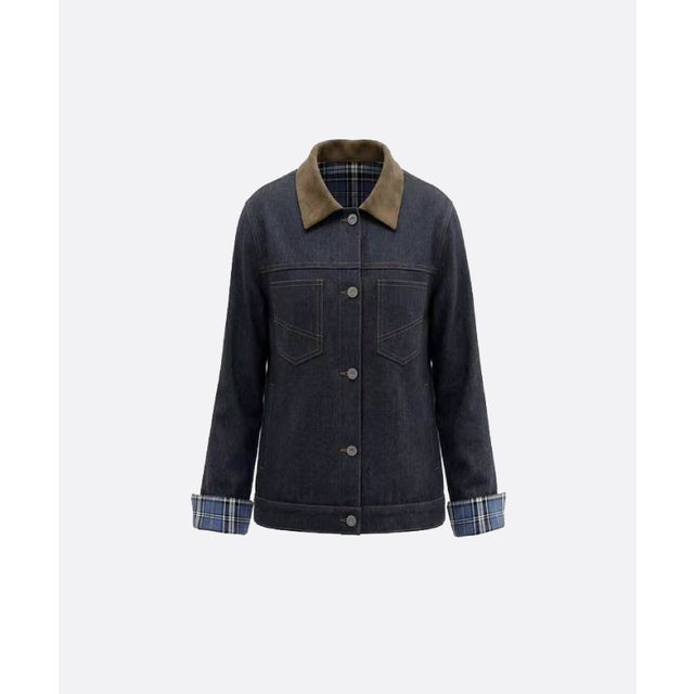 Lapel Check Stitching Denim Jacket （Blue）
