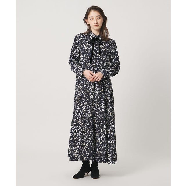 チェック フラワー プリント ワンピース （NAVY）