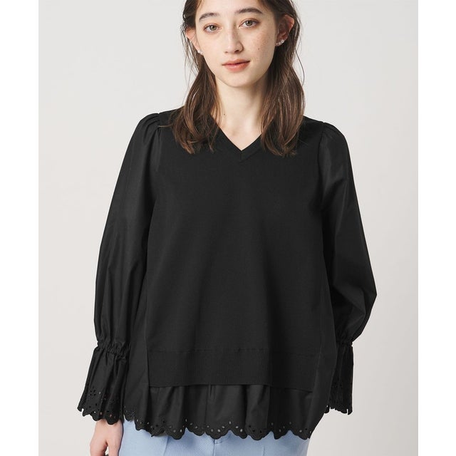 スカラップ コンビ ブラウス ニット （BLACK）