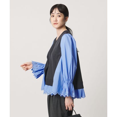 スカラップ コンビ ブラウス ニット （NAVY）｜詳細画像