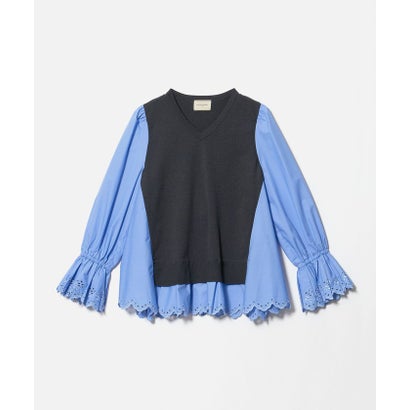 スカラップ コンビ ブラウス ニット （NAVY）｜詳細画像