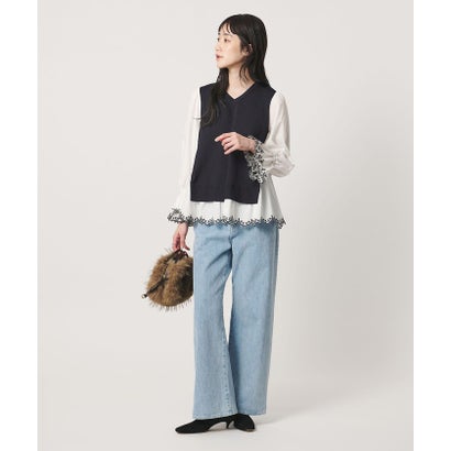 スカラップ コンビ ブラウス ニット （NAVY）｜詳細画像