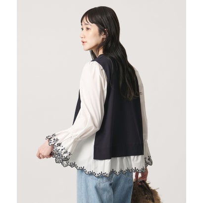 スカラップ コンビ ブラウス ニット （NAVY）｜詳細画像