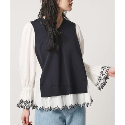 スカラップ コンビ ブラウス ニット （NAVY）｜詳細画像