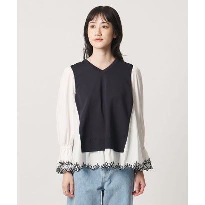 スカラップ コンビ ブラウス ニット （NAVY）｜詳細画像