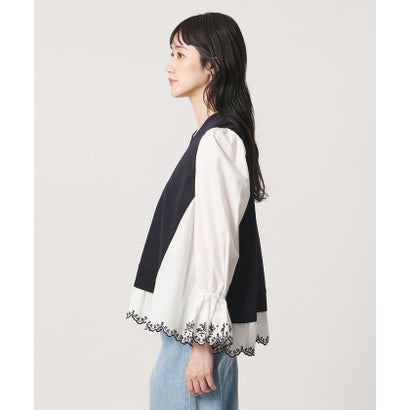 スカラップ コンビ ブラウス ニット （NAVY）｜詳細画像