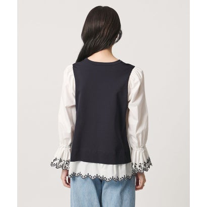 スカラップ コンビ ブラウス ニット （NAVY）｜詳細画像