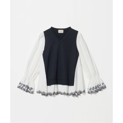 スカラップ コンビ ブラウス ニット （NAVY）｜詳細画像